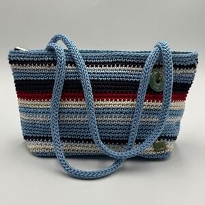 The Sak Crochet Stripe Shoulder Bag in Light Blue, Navy, Red, Cream